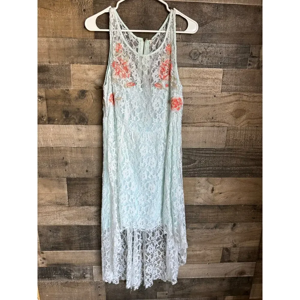 Free People Lace Hi Low Dress L Blue Floral Nesting Doll